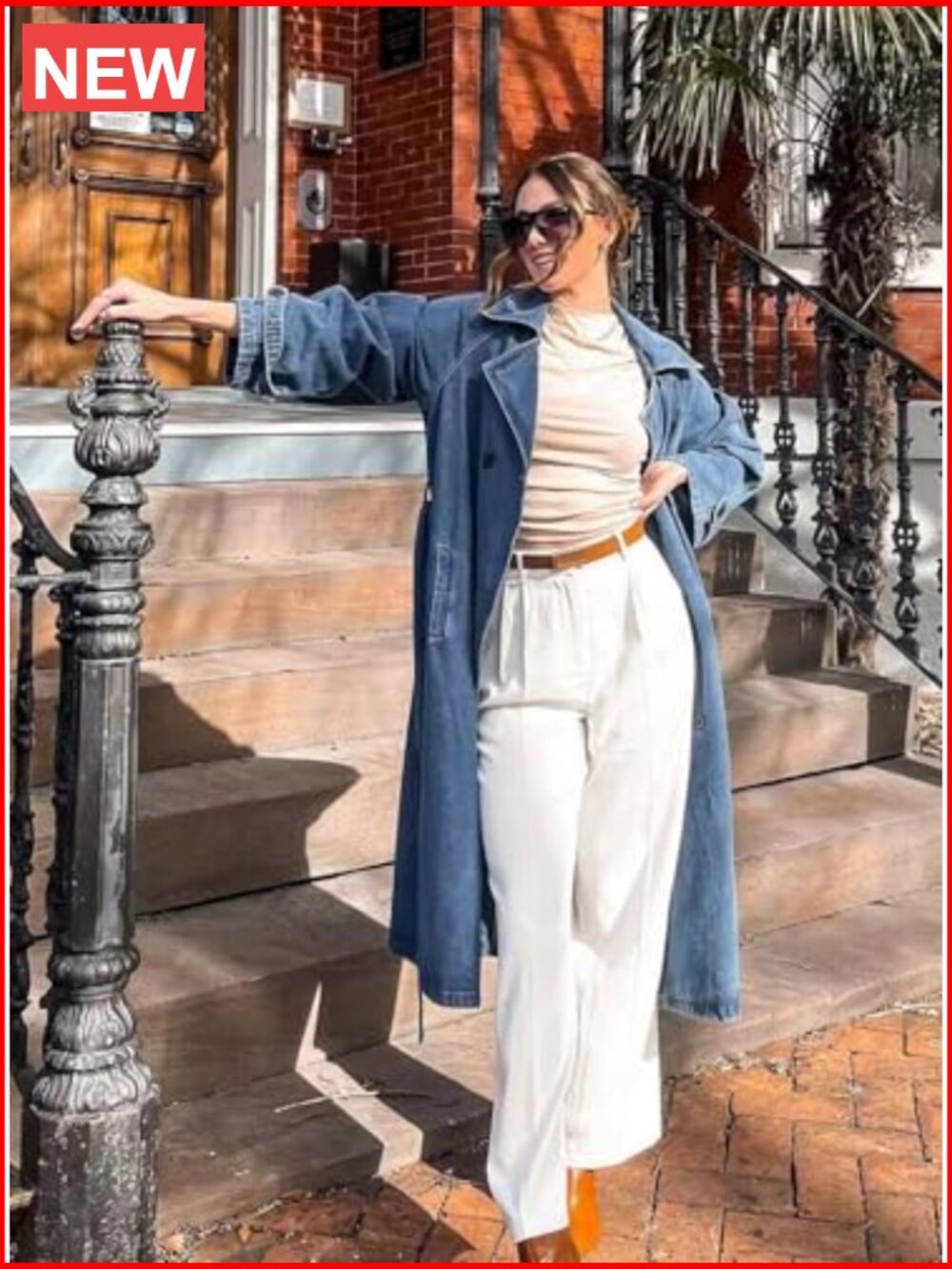 Vintage Notched Collar Double Breasted Plus Size Denim Jacket Trench Coat with - Picture 2 of 7
